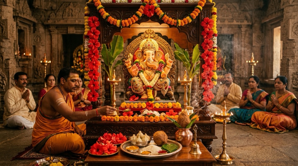 Ganesh Sthapana Pooja rituals in sacred temple sanctum
