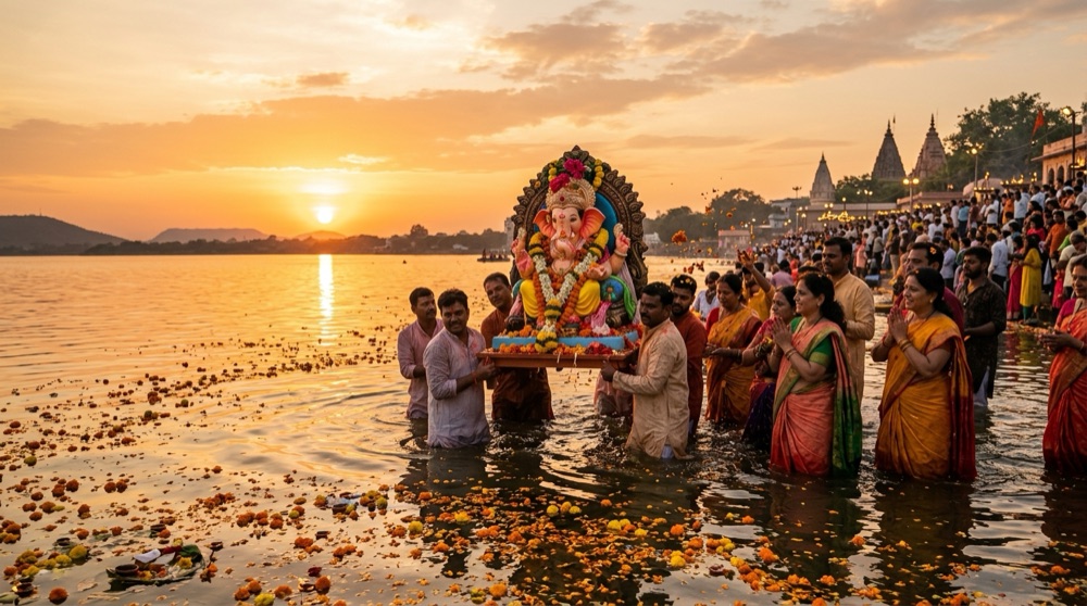 Grand Visarjan Jal Jhilani sunset waterfront immersion procession